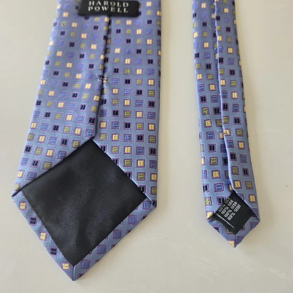 Harold Powell Tie Mens Silk Geometric Square Gold & Blue Made In Italy 58x4 inch